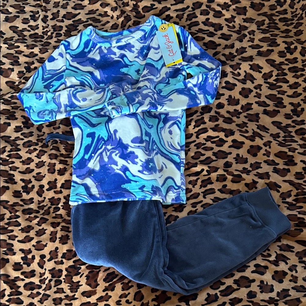 Cat & Jack S(6/7) Blue Marble Print Kids Pajama Top and Navy Jogger Bottoms